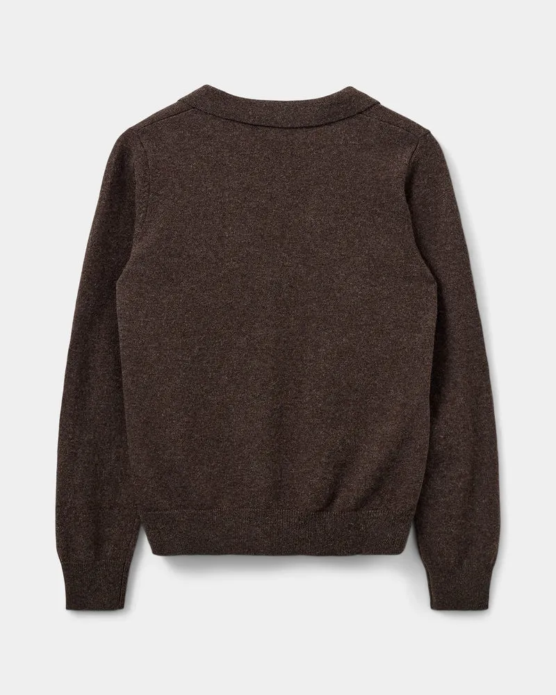 100% Merino Wool Cardigan with Polo Collar in Brown Fudge