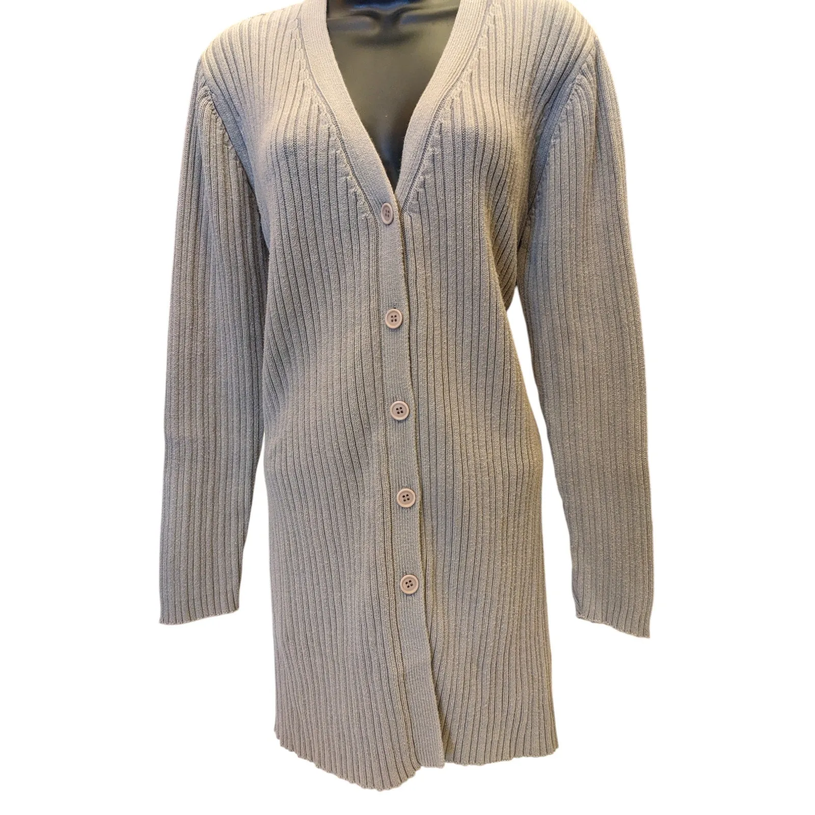 Andrea Behar Womens Large Beige Ribbed Knit Long Cardigan Sweater V Neck Cozy