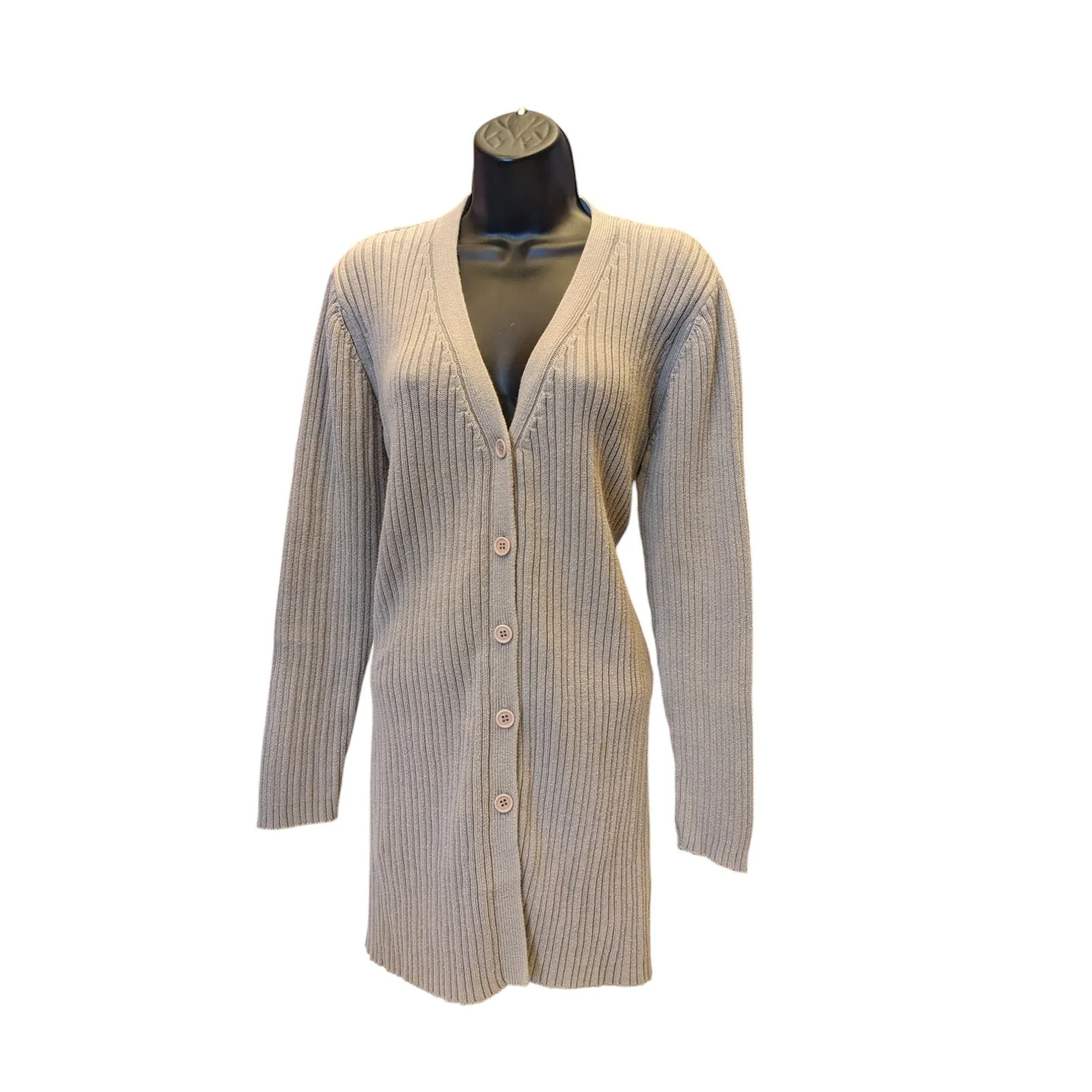 Andrea Behar Womens Large Beige Ribbed Knit Long Cardigan Sweater V Neck Cozy