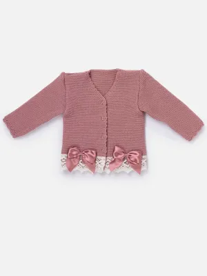 Baby Girl Cardigan with Bows and Lace-Dusty Pink
