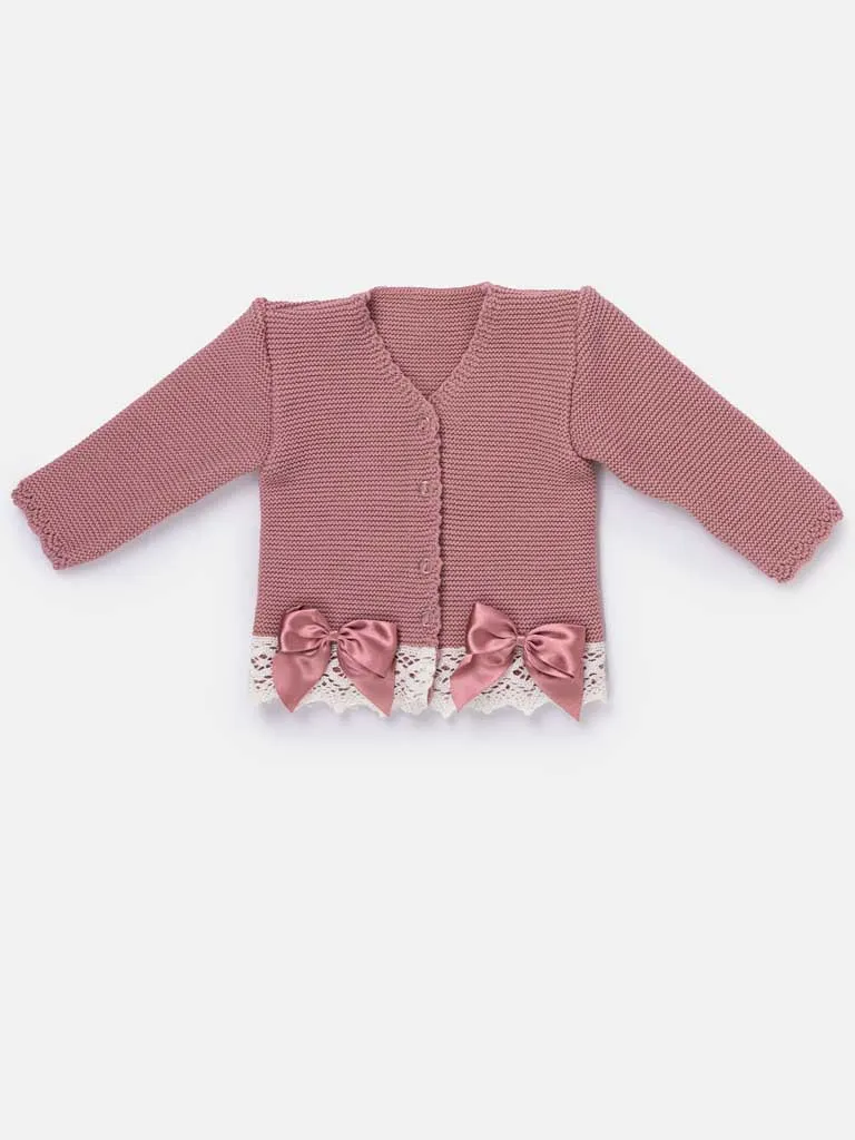 Baby Girl Cardigan with Bows and Lace-Dusty Pink