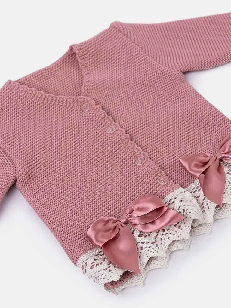 Baby Girl Cardigan with Bows and Lace-Dusty Pink