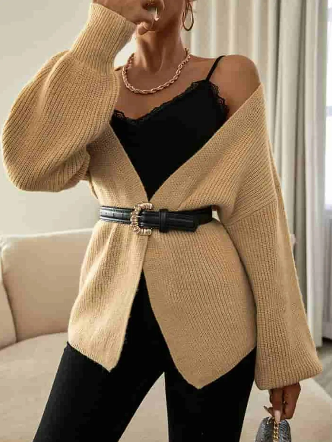 Balloon Sleeve Rib-Knit Open Front Cardigan
