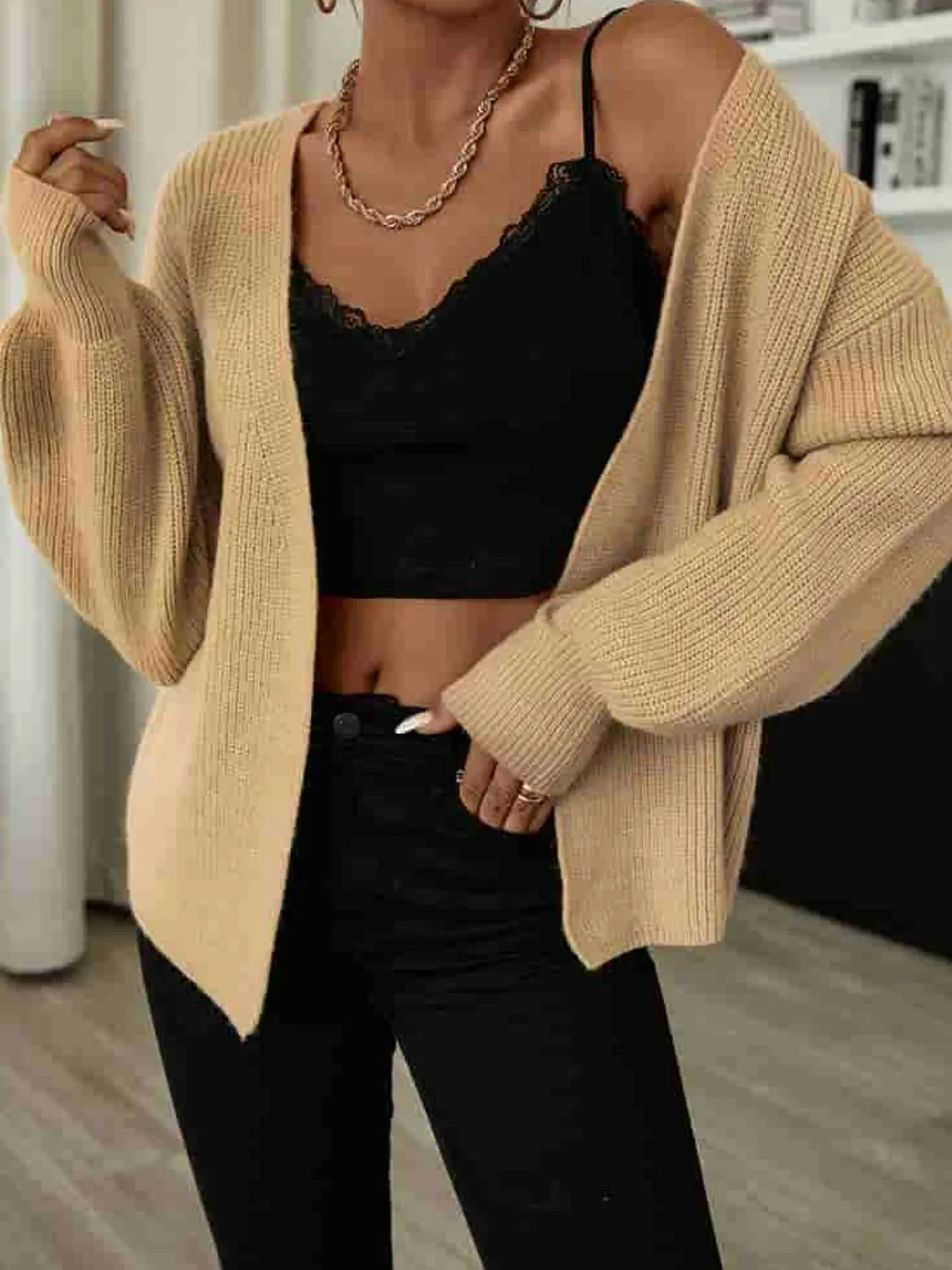 Balloon Sleeve Rib-Knit Open Front Cardigan