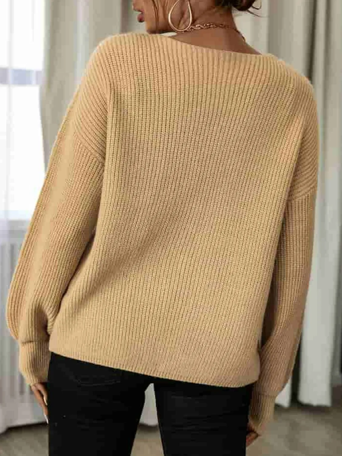 Balloon Sleeve Rib-Knit Open Front Cardigan