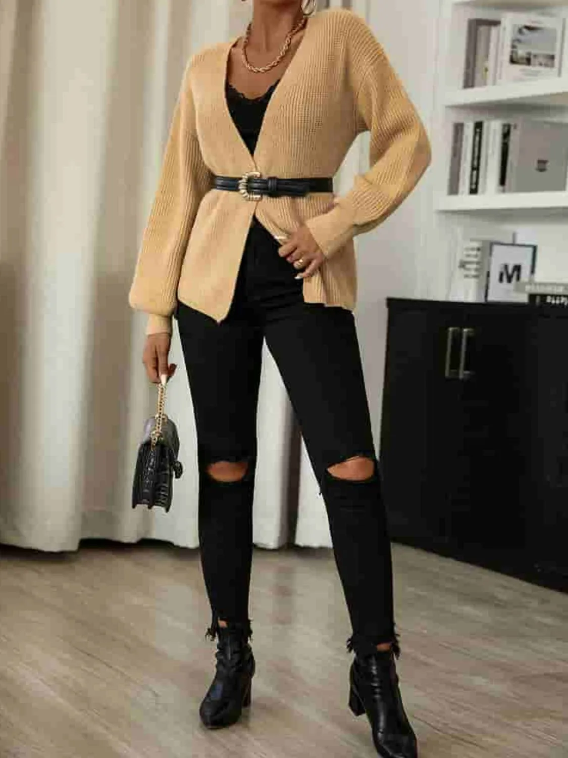 Balloon Sleeve Rib-Knit Open Front Cardigan