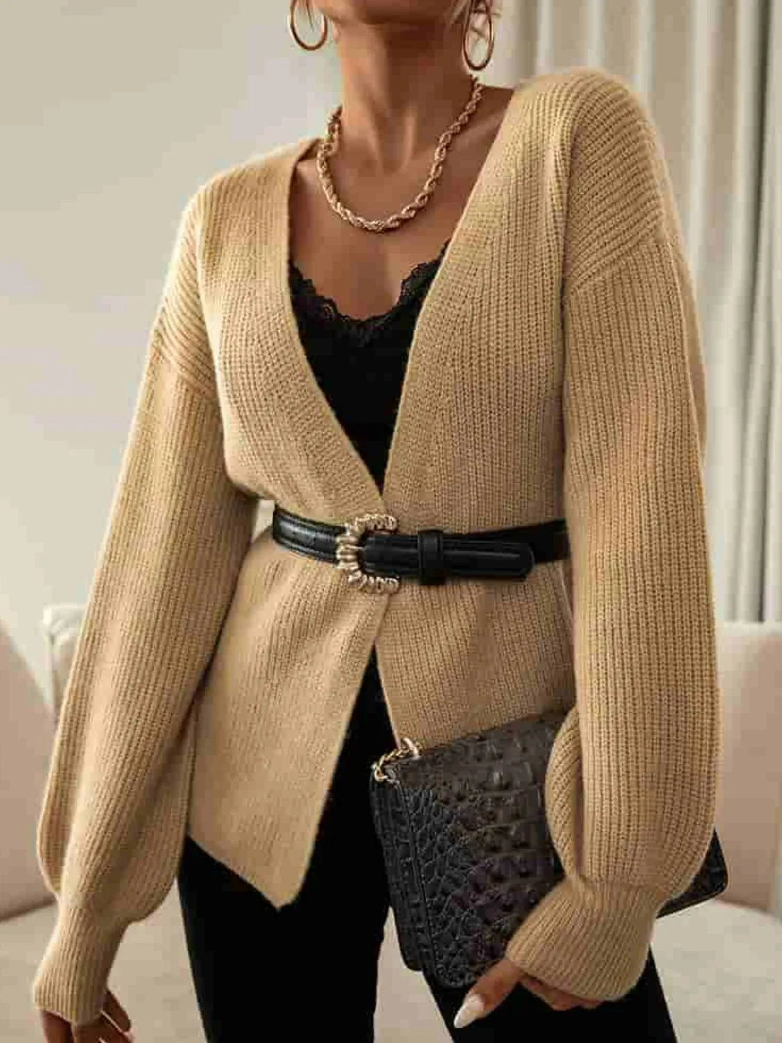 Balloon Sleeve Rib-Knit Open Front Cardigan