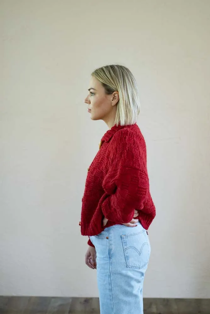 Basket Weave Cardigan- Rojo