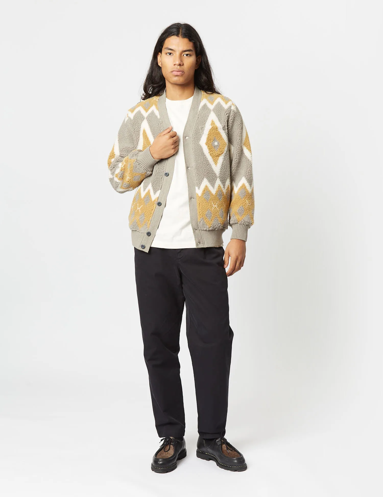 Beams Plus Boa Cardigan - Light Grey/Mustard