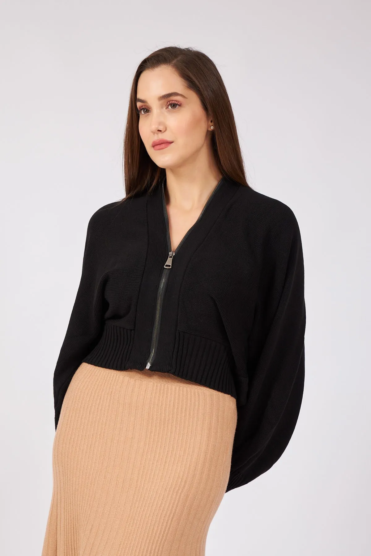 Black Bat Sleeve Zippered Design Cardigan