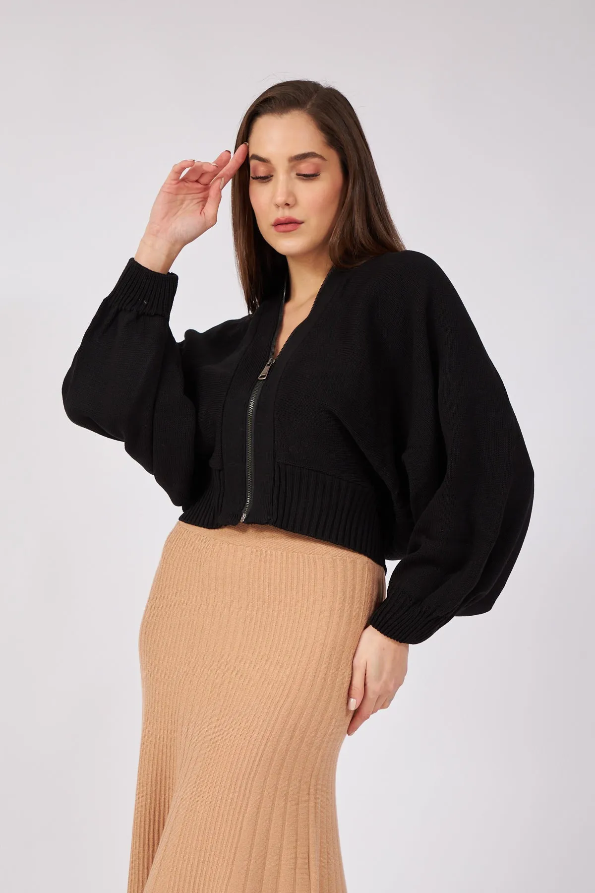 Black Bat Sleeve Zippered Design Cardigan