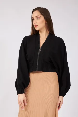 Black Bat Sleeve Zippered Design Cardigan