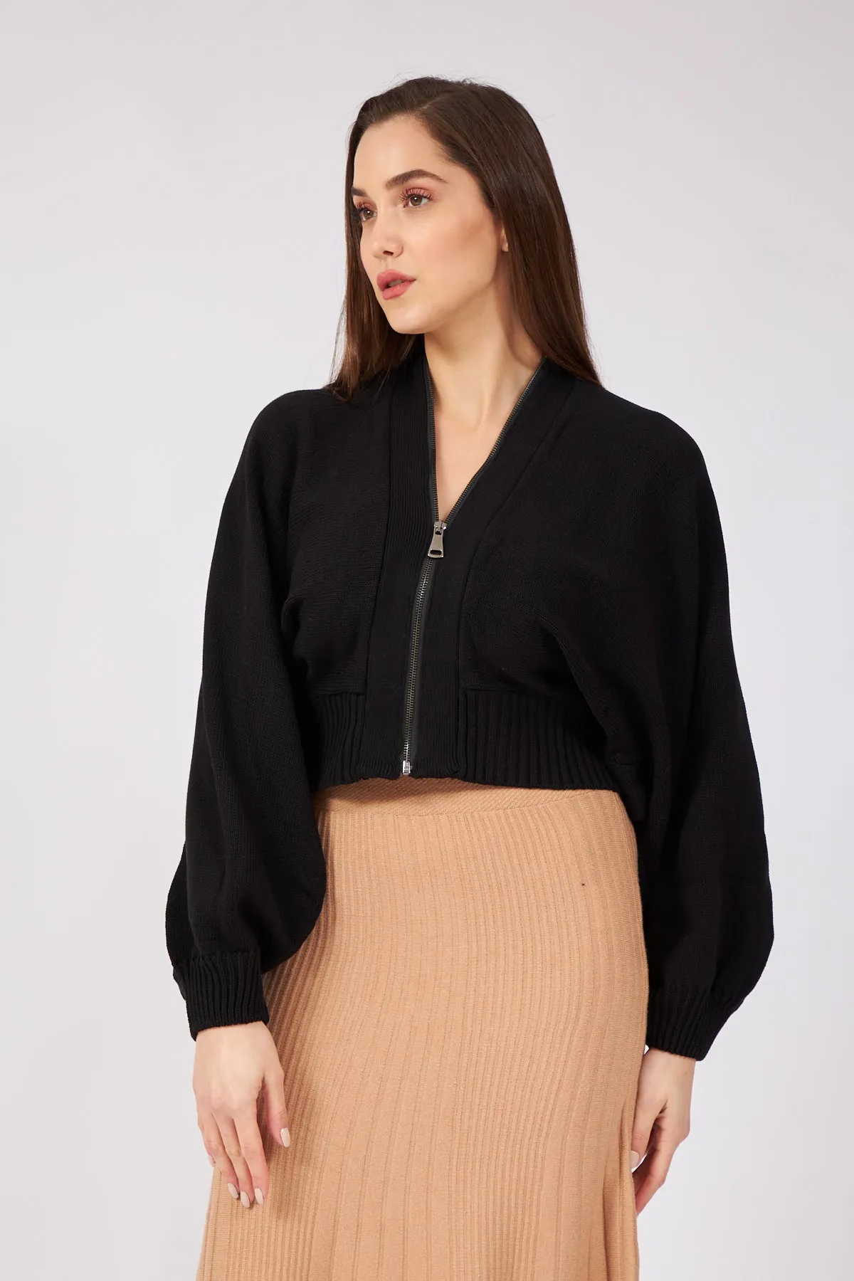 Black Bat Sleeve Zippered Design Cardigan
