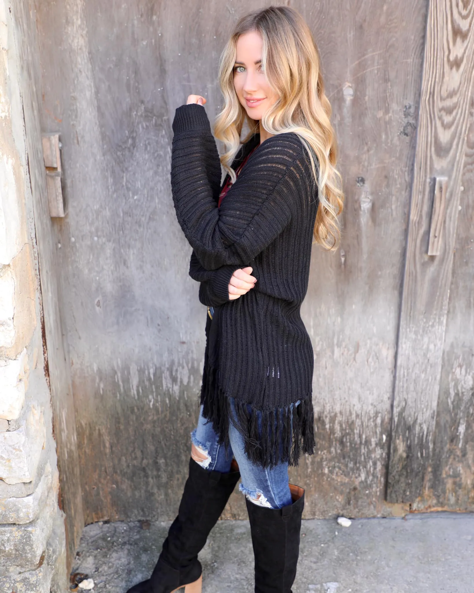 Black Ribbed Knit Dolman Cardigan