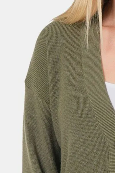 Button Up V-Neck Dropped Shoulder Cardigan in Dark Olive