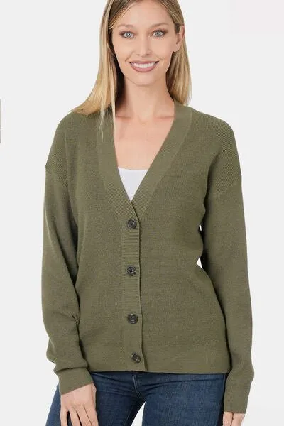 Button Up V-Neck Dropped Shoulder Cardigan in Dark Olive