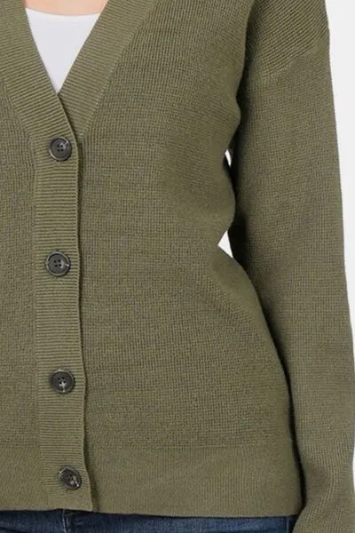 Button Up V-Neck Dropped Shoulder Cardigan in Dark Olive