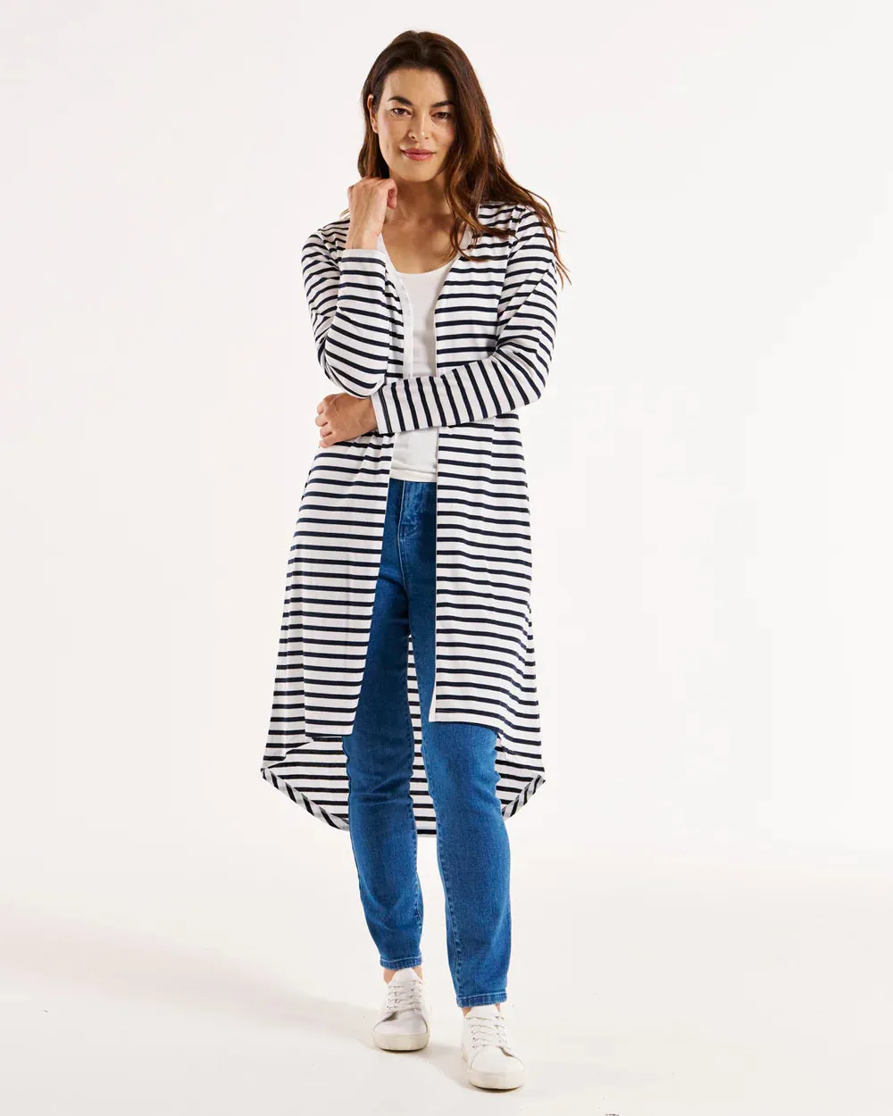 Byron Loose Long Sleeve Cotton Cardigan - Blue/White Stripe