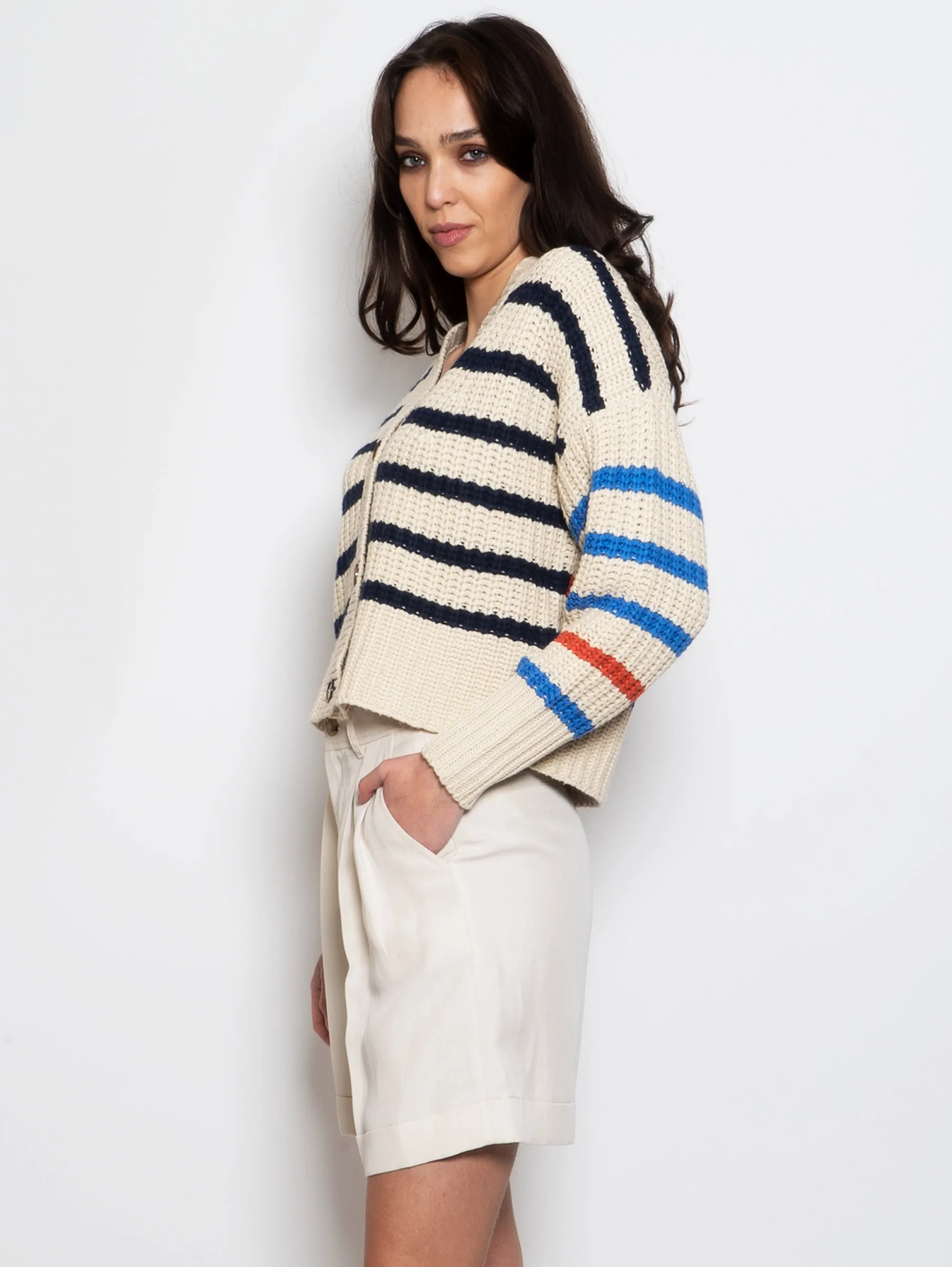 Cardigan a Righe in Maglia Avorio