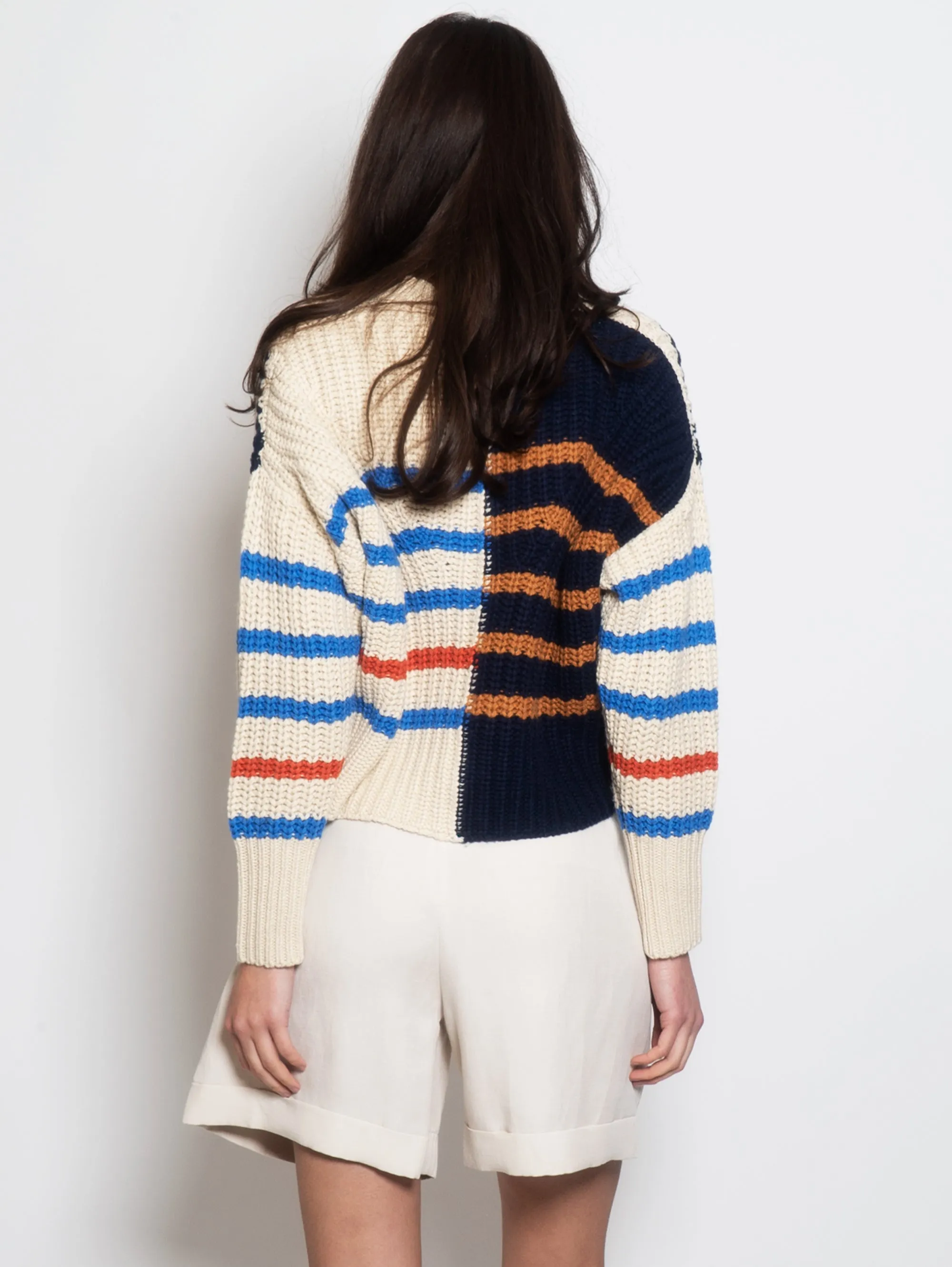 Cardigan a Righe in Maglia Avorio
