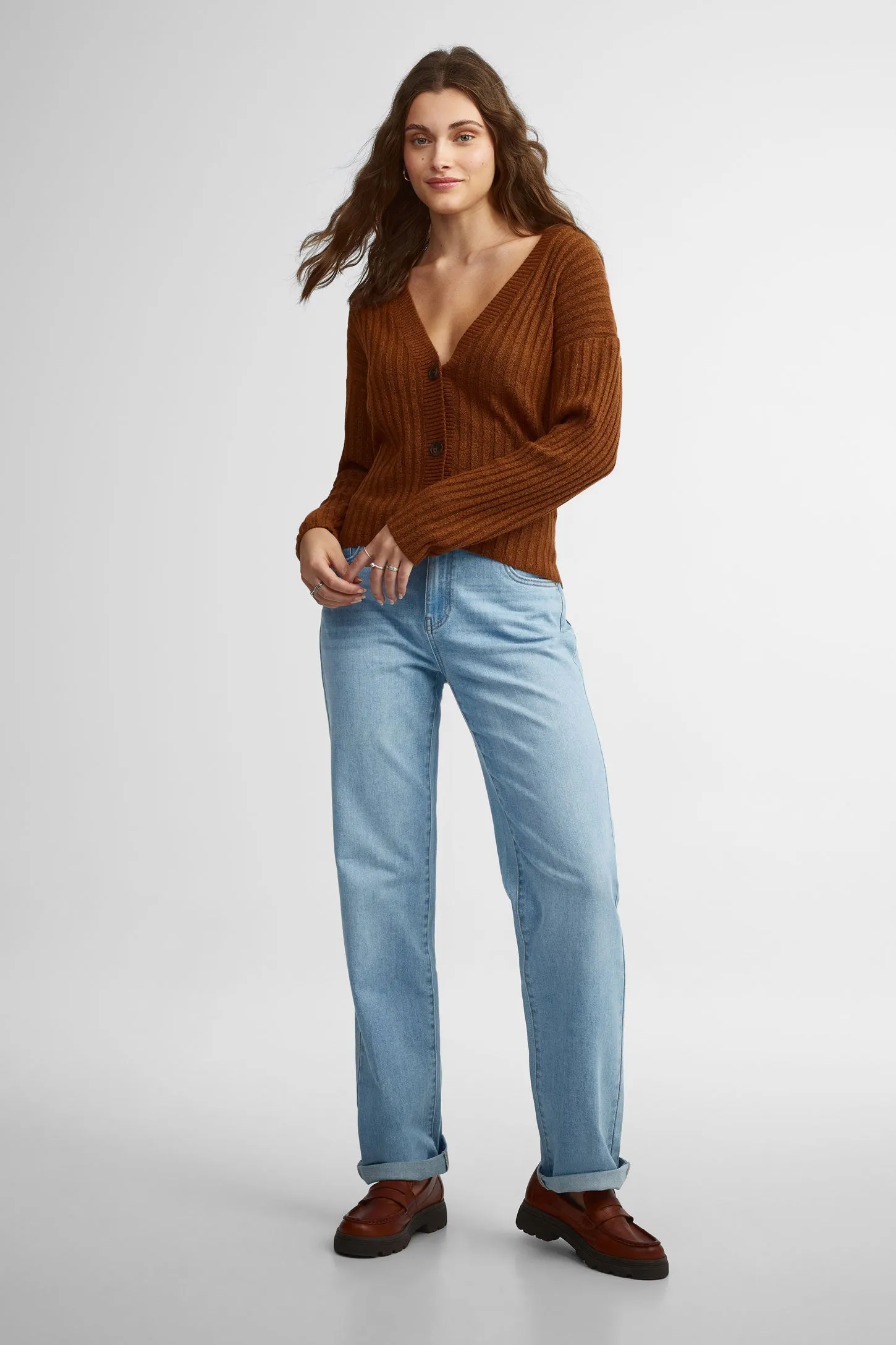 Cardigan côtelé manches longues - Femme