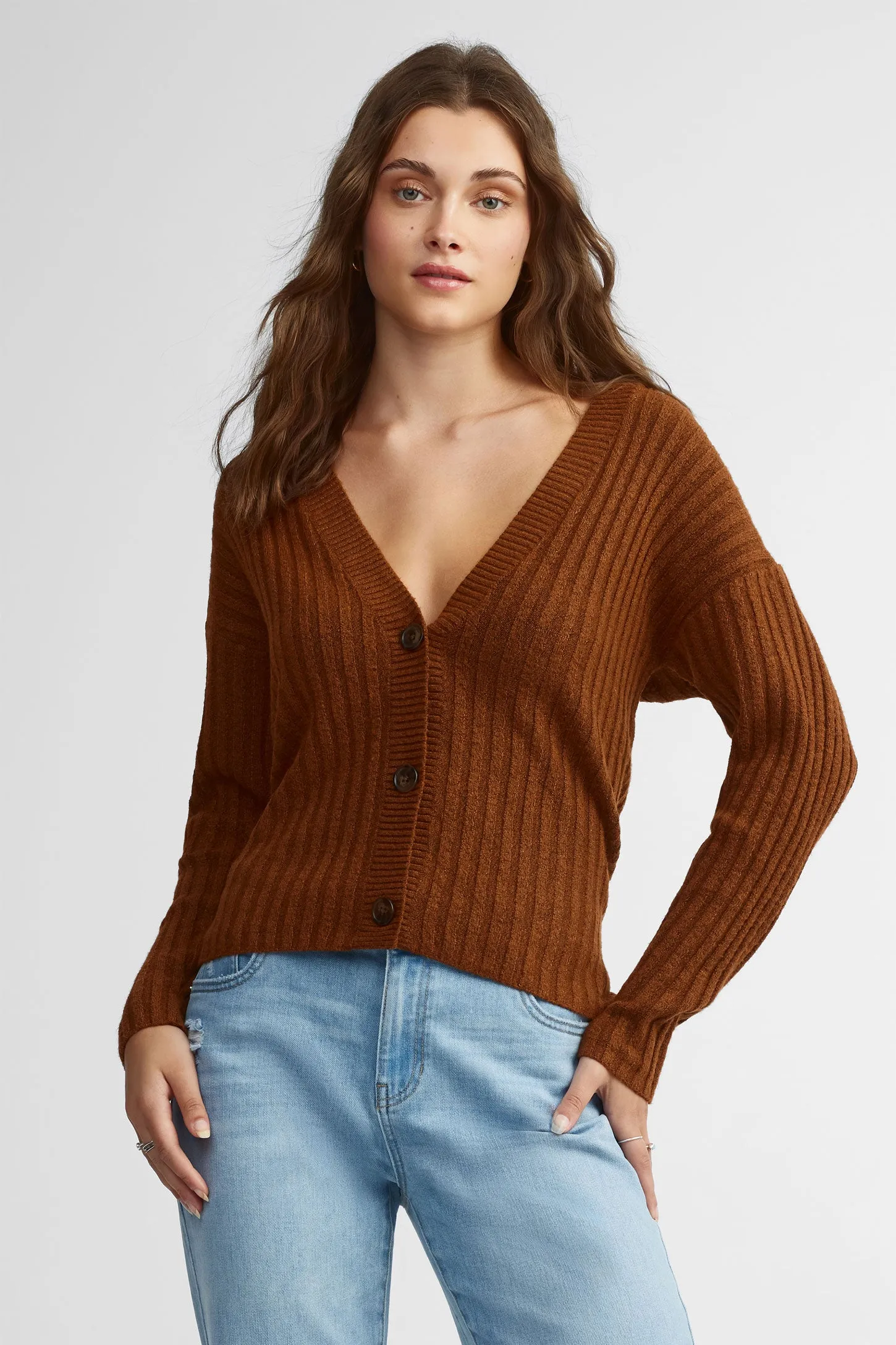 Cardigan côtelé manches longues - Femme