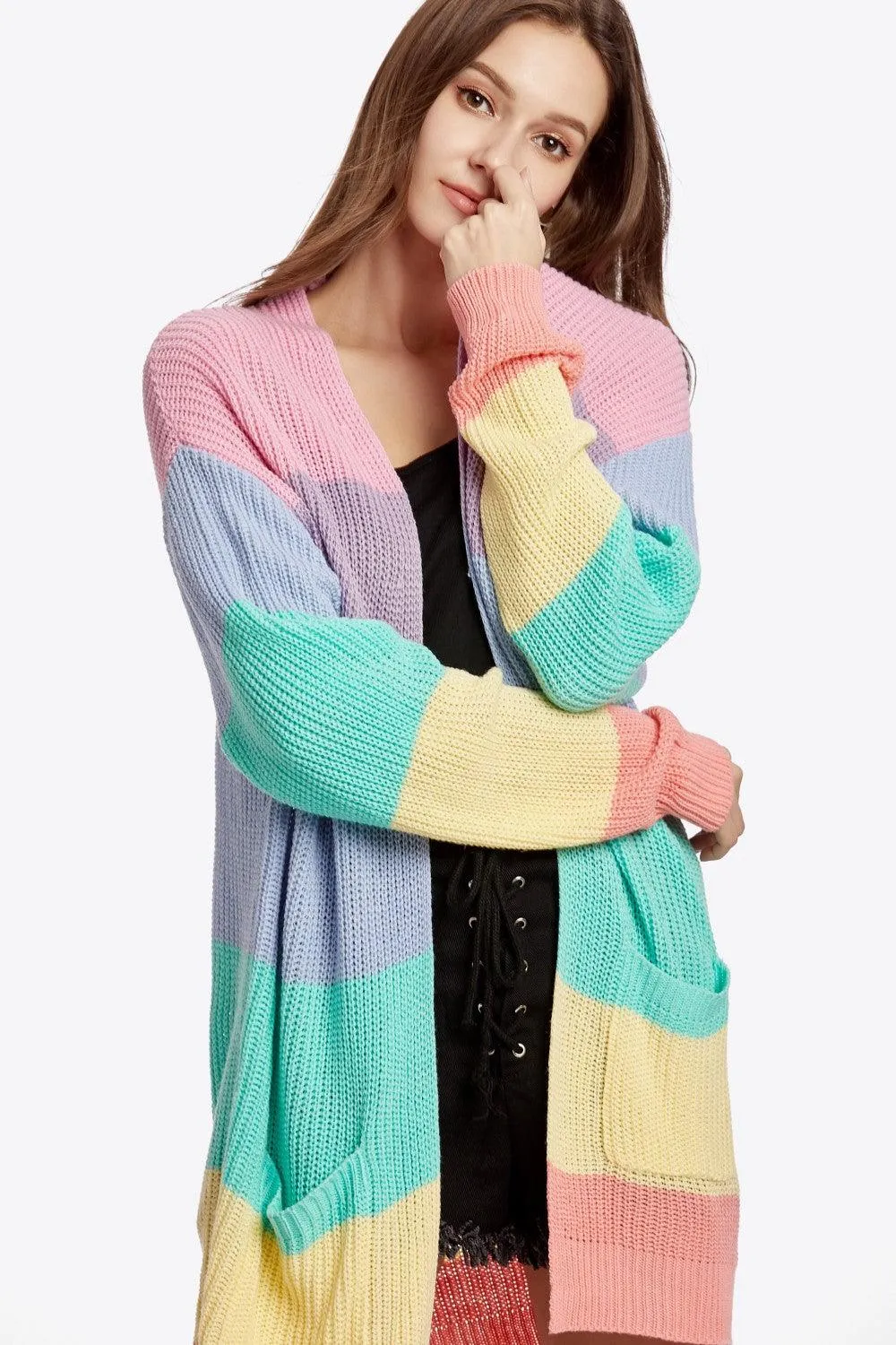 COLOR BLOCK OPEN FRONT DROP SHOULDER CARDIGAN WITH POCKETS