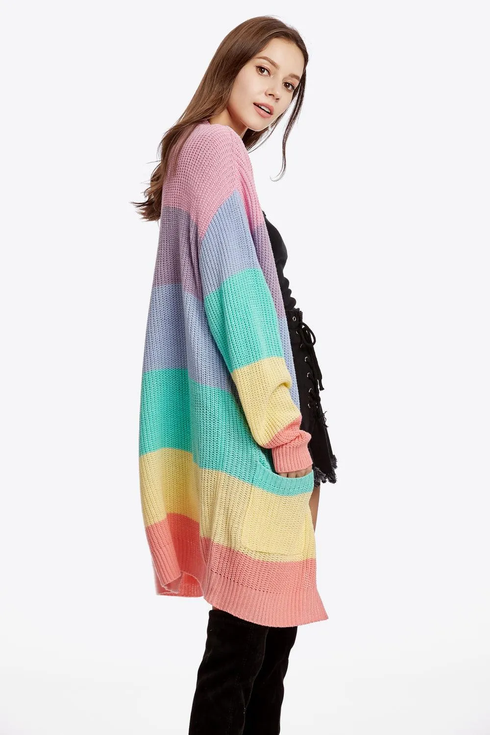 COLOR BLOCK OPEN FRONT DROP SHOULDER CARDIGAN WITH POCKETS