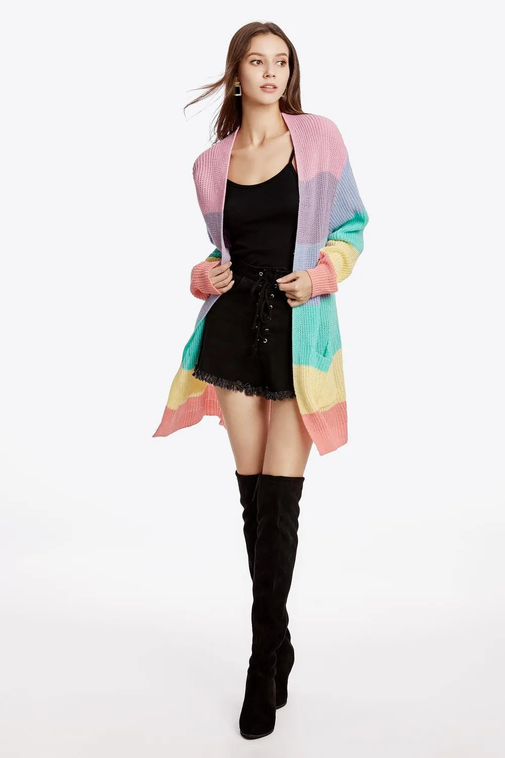 COLOR BLOCK OPEN FRONT DROP SHOULDER CARDIGAN WITH POCKETS