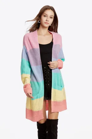 COLOR BLOCK OPEN FRONT DROP SHOULDER CARDIGAN WITH POCKETS
