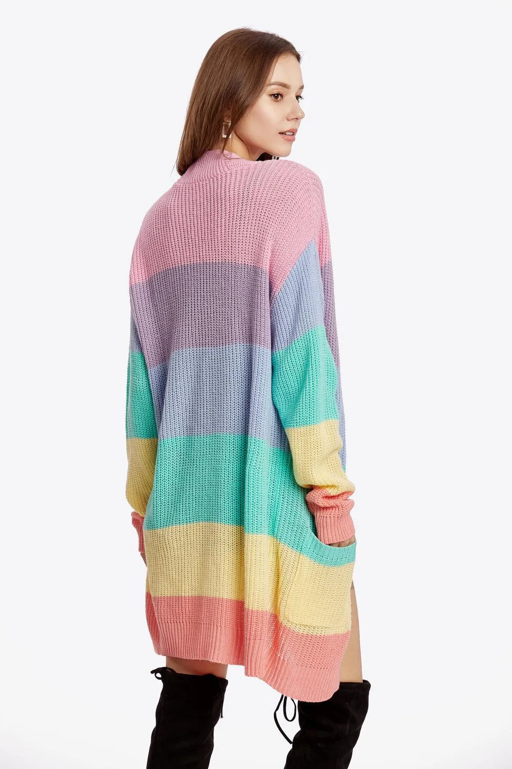 COLOR BLOCK OPEN FRONT DROP SHOULDER CARDIGAN WITH POCKETS
