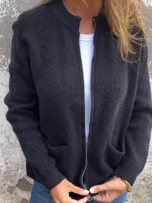 Cotton Zip-Up Cardigan with Round Neck – Timeless Versatile Elegance for Cool Days