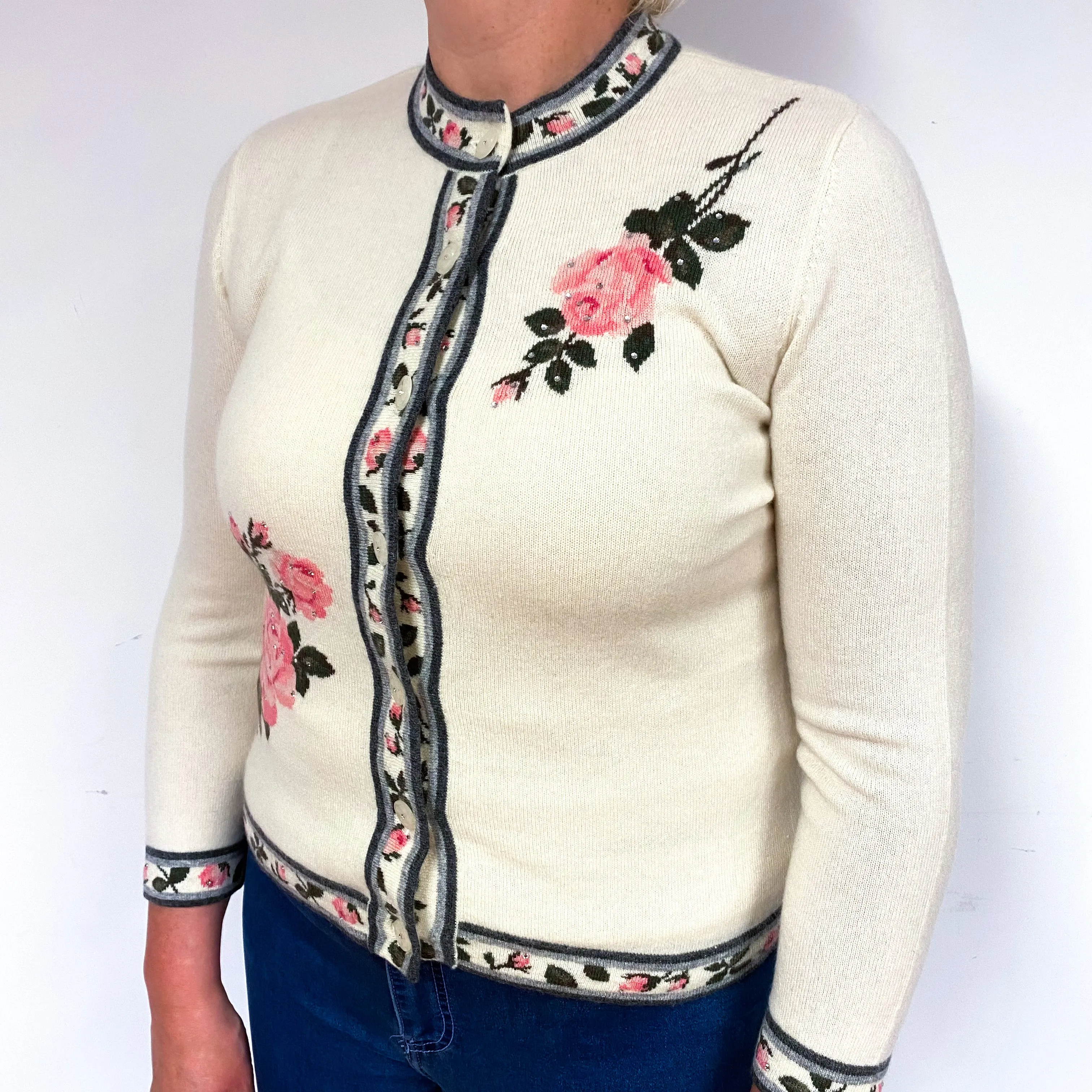 Cream Pink Rose Cashmere Crew Neck Cardigan Large