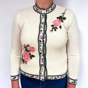 Cream Pink Rose Cashmere Crew Neck Cardigan Large