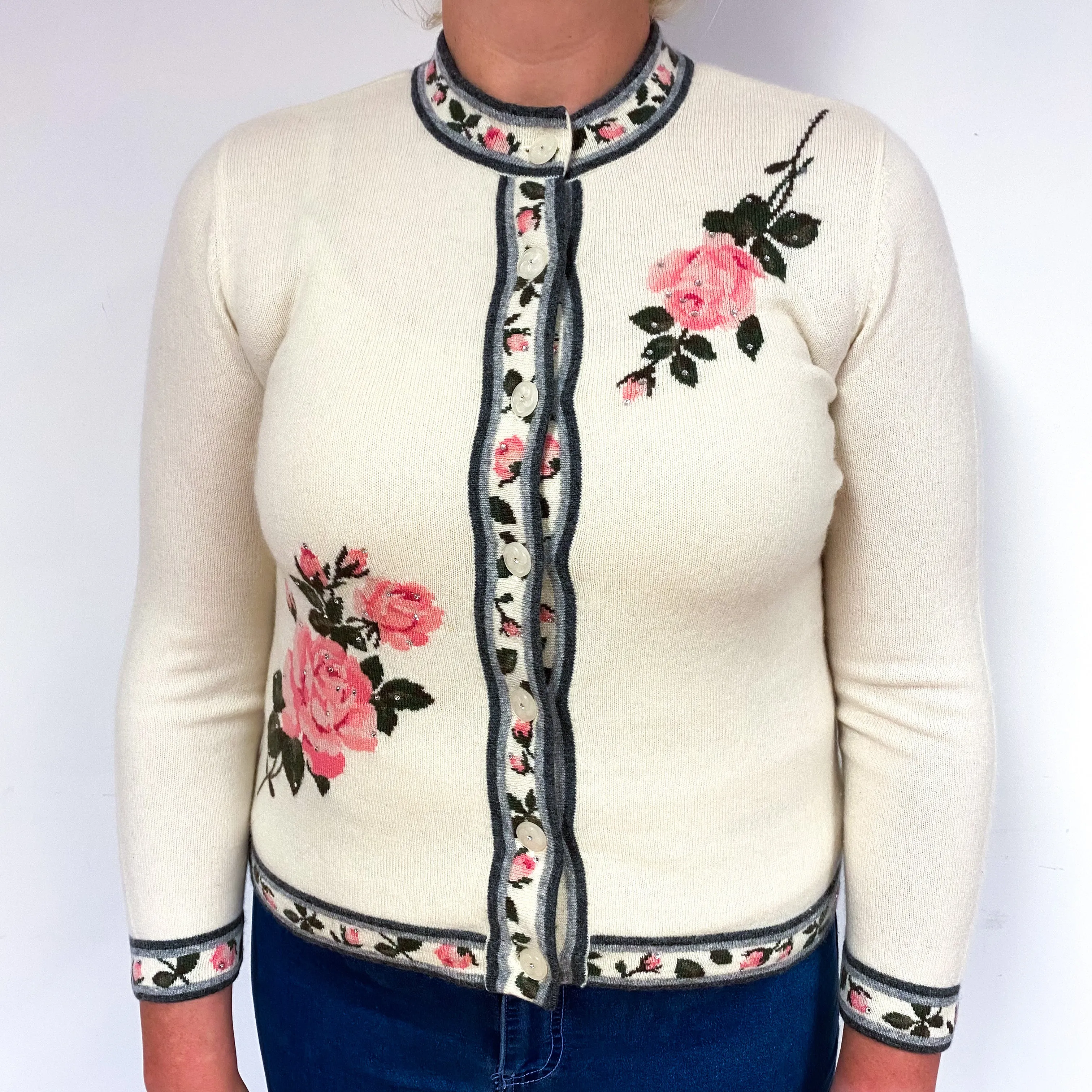Cream Pink Rose Cashmere Crew Neck Cardigan Large