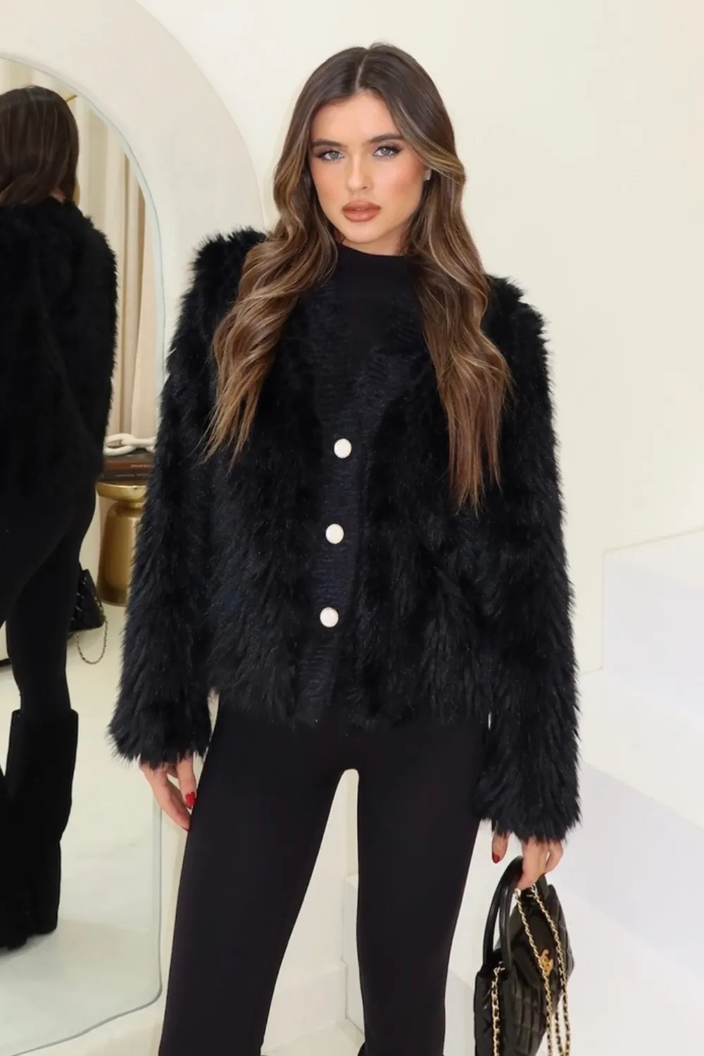 Emily black faux fur & knit cardigan