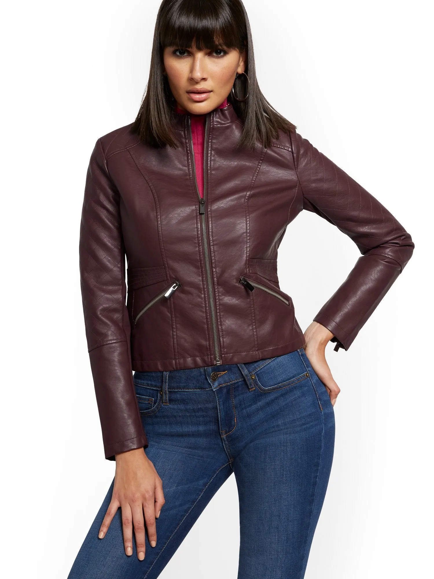 Faux-Leather Quilted Jacket