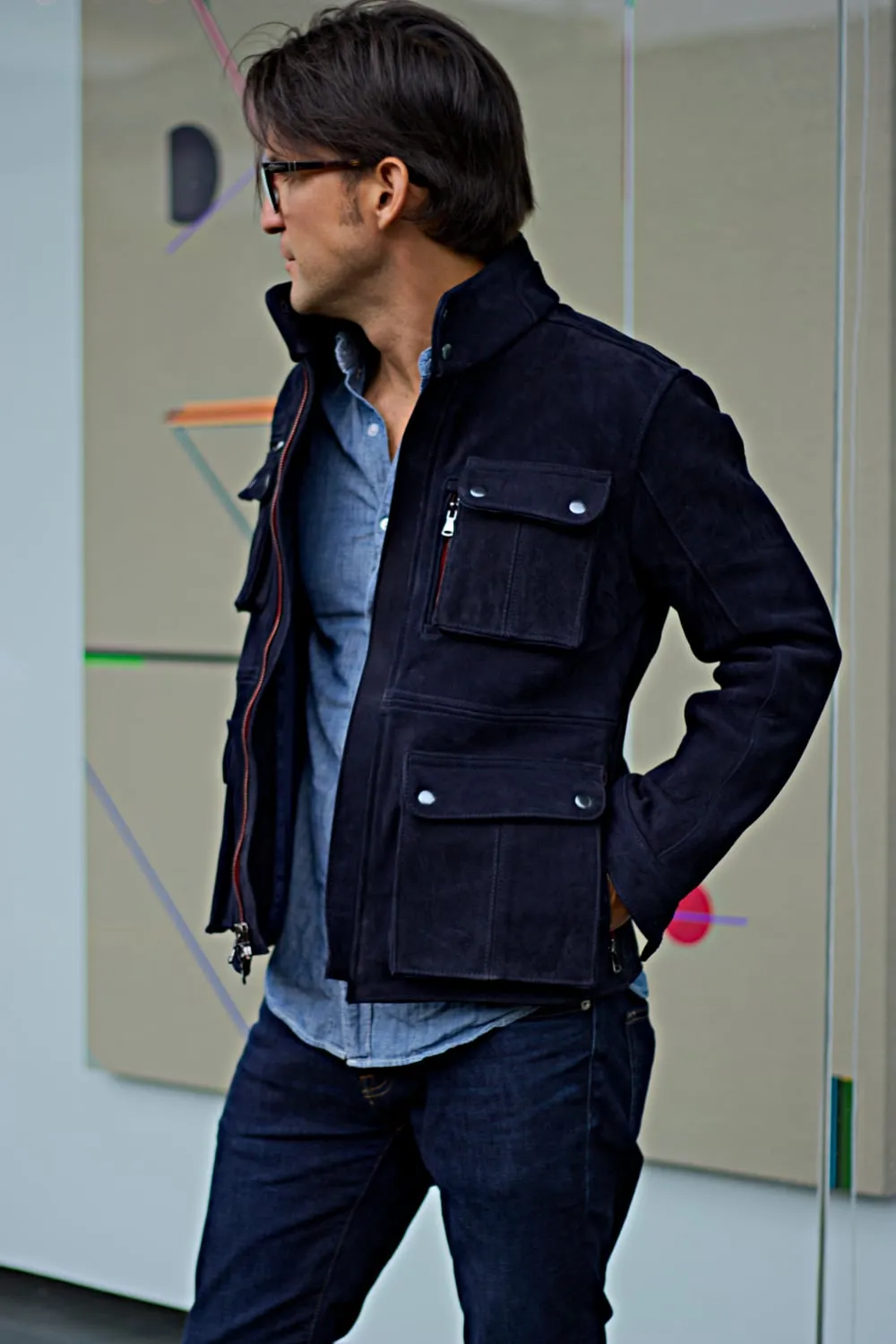FIELD FR SH Leather Jacket Dark Blue  - Nubuck Suede - Short-Length
