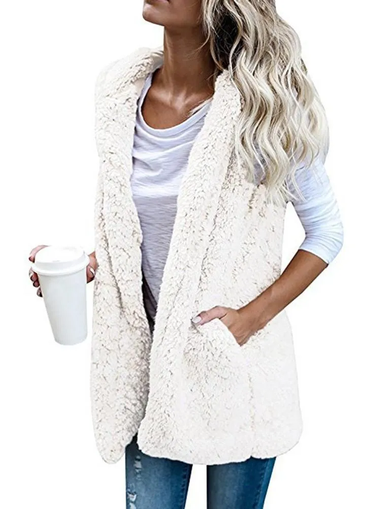 Fleece Sleeveless Hooded Cardigan with Pocket