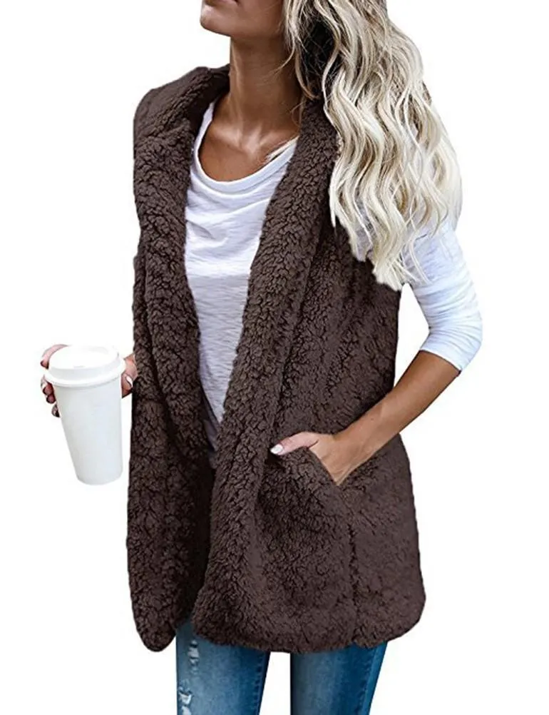 Fleece Sleeveless Hooded Cardigan with Pocket