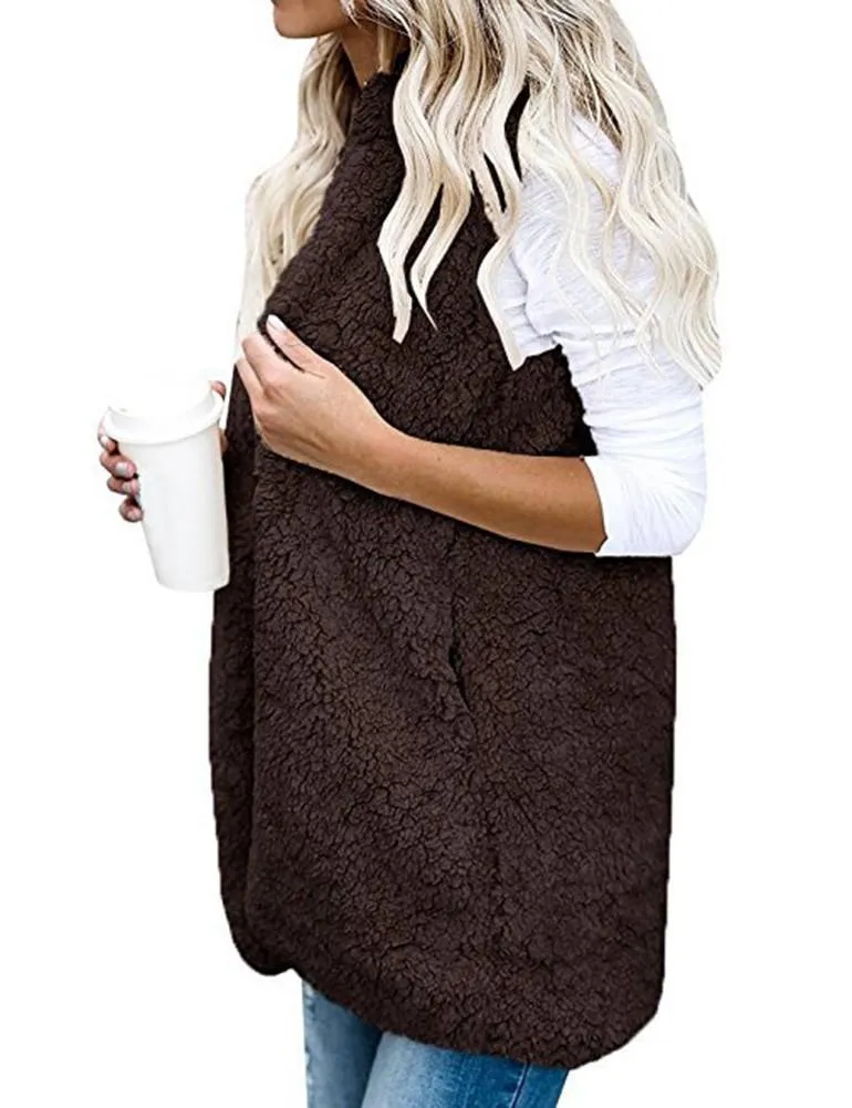 Fleece Sleeveless Hooded Cardigan with Pocket