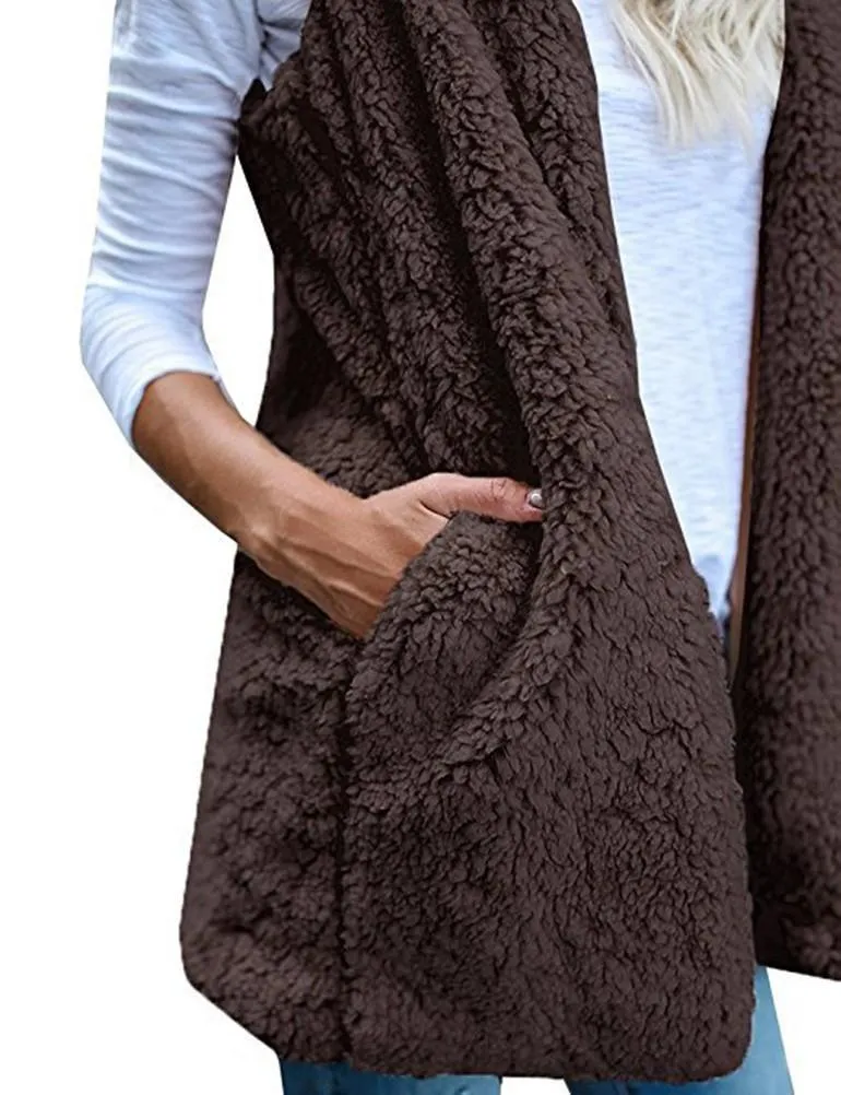 Fleece Sleeveless Hooded Cardigan with Pocket