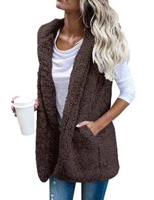 Fleece Sleeveless Hooded Cardigan with Pocket