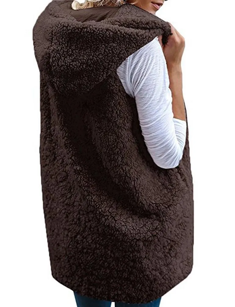 Fleece Sleeveless Hooded Cardigan with Pocket