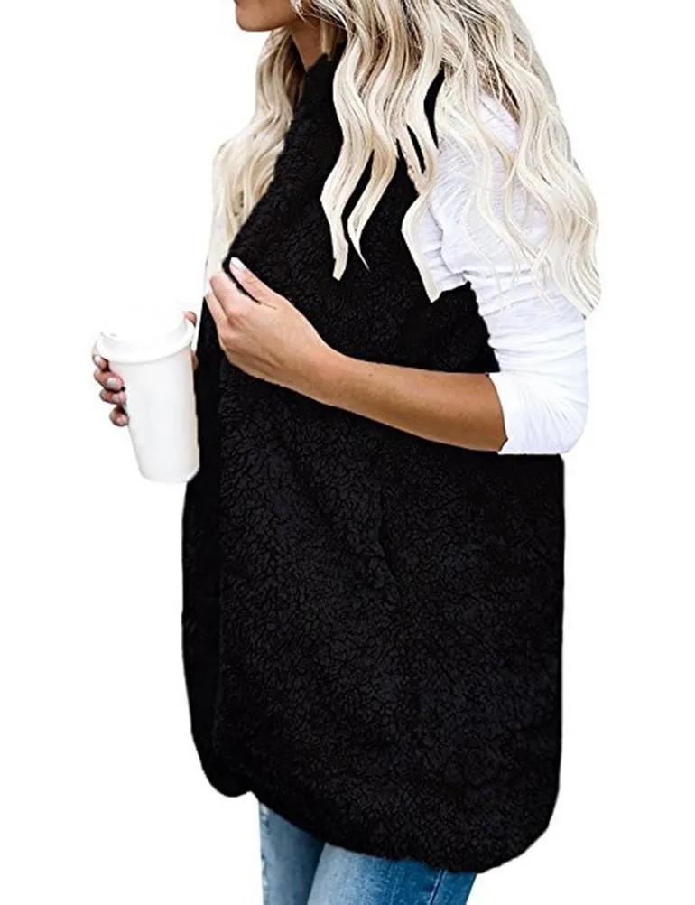 Fleece Sleeveless Hooded Cardigan with Pocket