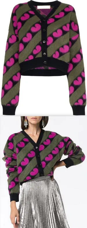 Fluffy Heart Print Wool-Blend Cardigan
