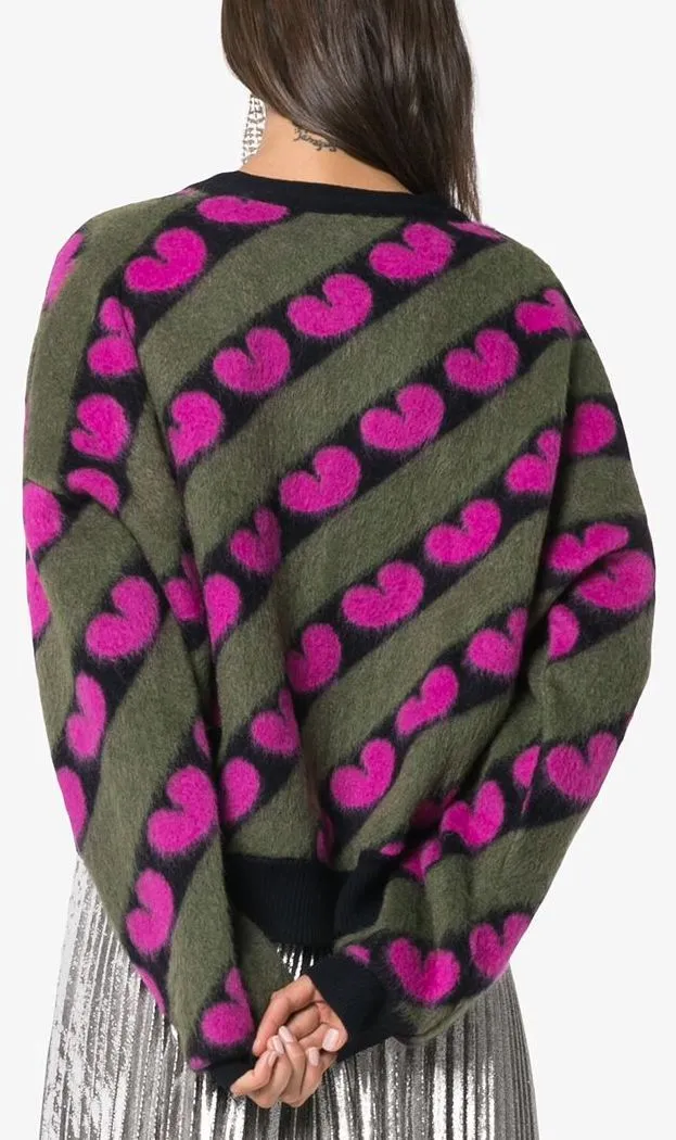 Fluffy Heart Print Wool-Blend Cardigan