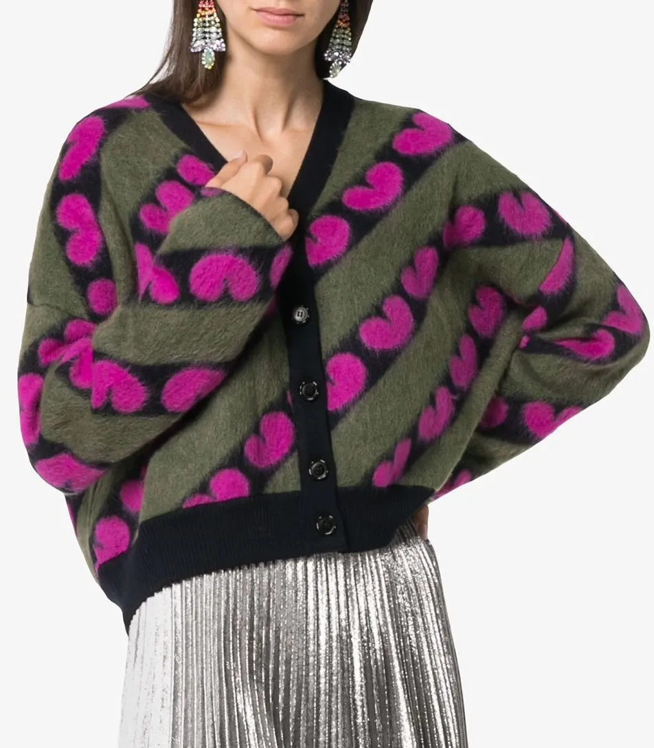 Fluffy Heart Print Wool-Blend Cardigan