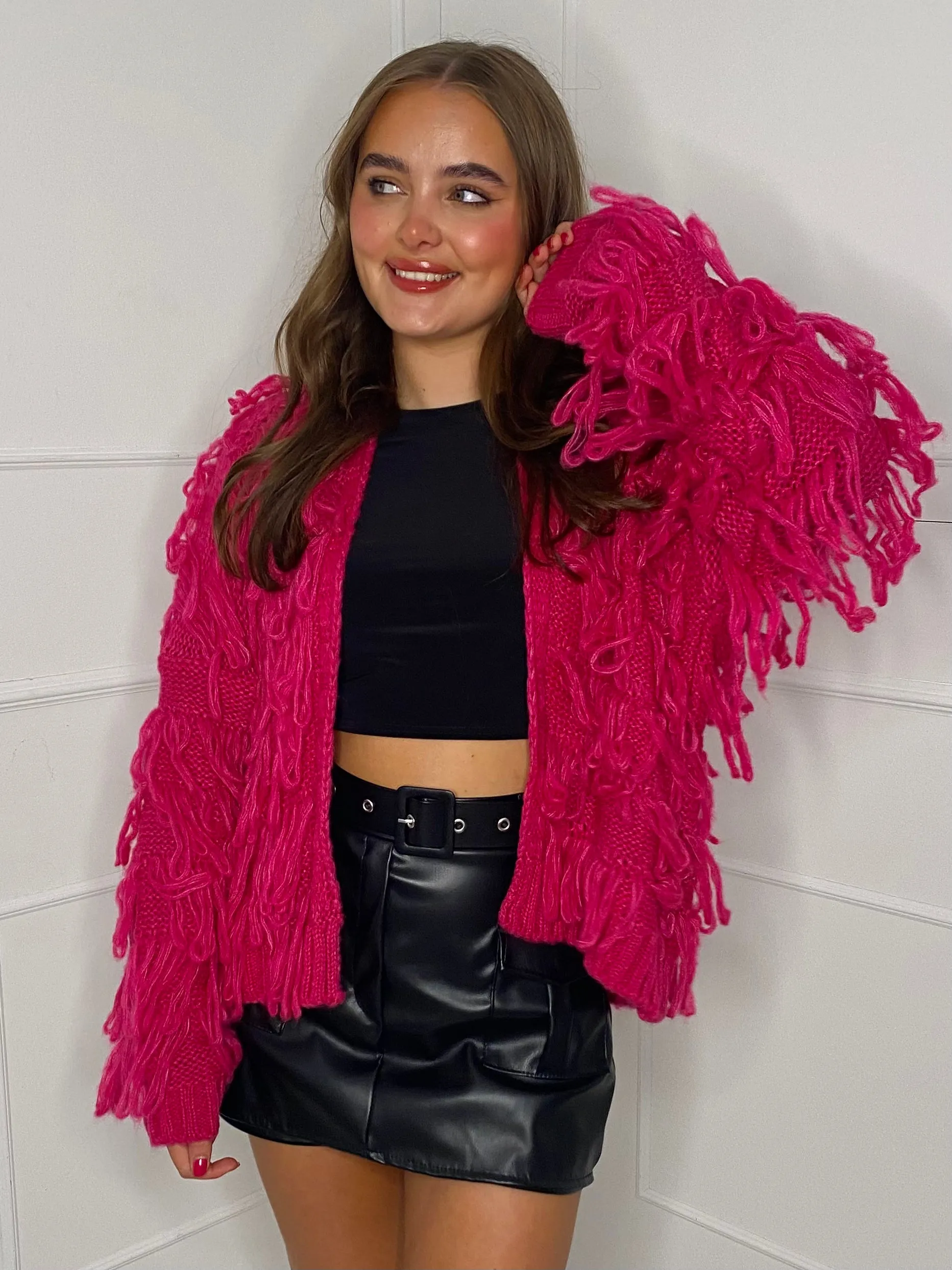 Fringe Detail Cardigan - Cerise