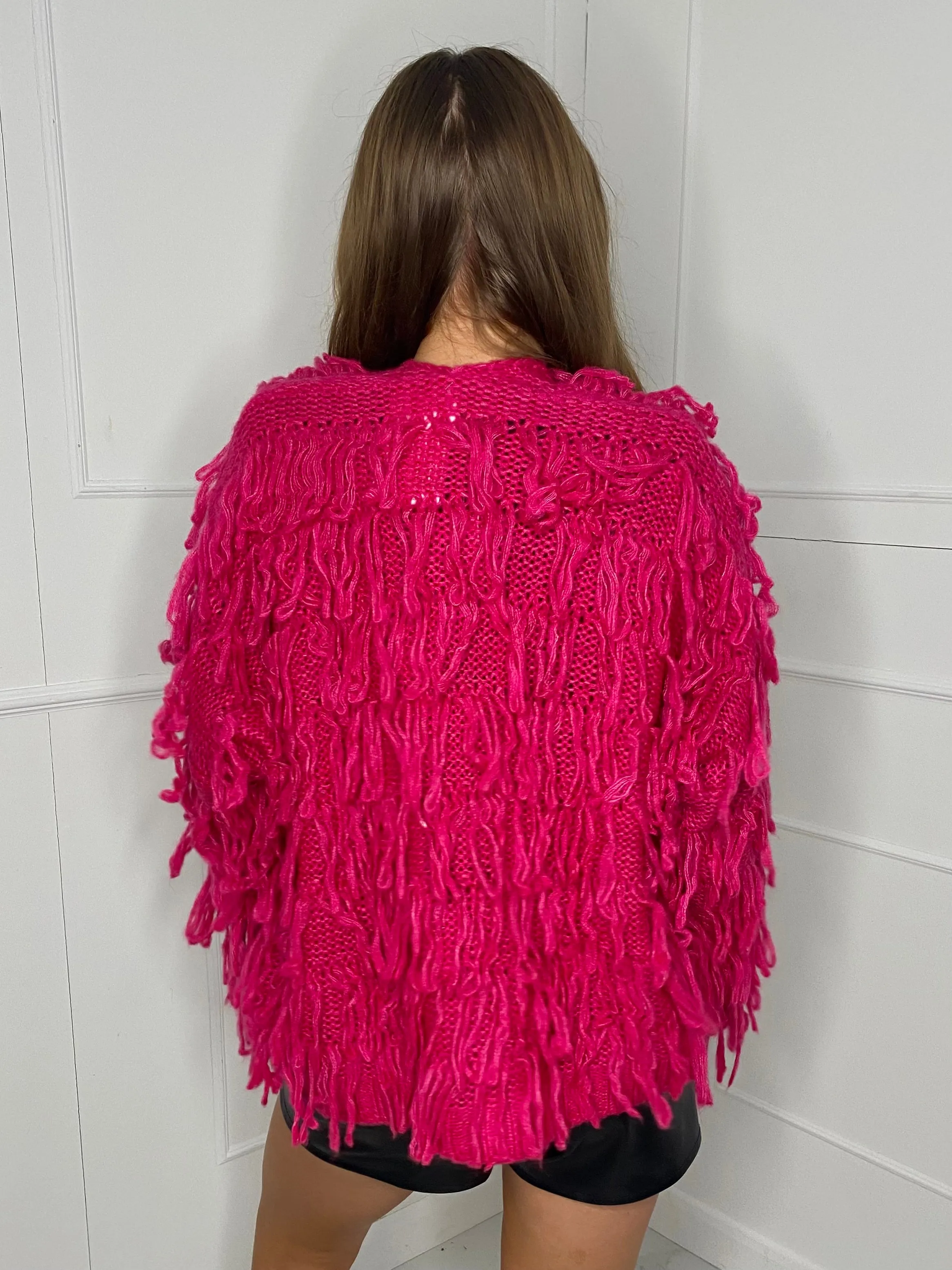 Fringe Detail Cardigan - Cerise